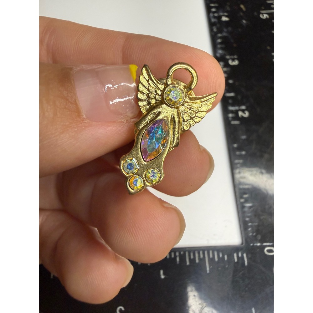 Gold Tone Angel Lapel Pin Iridescent Aurora Borealis Rhinestone Celestial Brooch